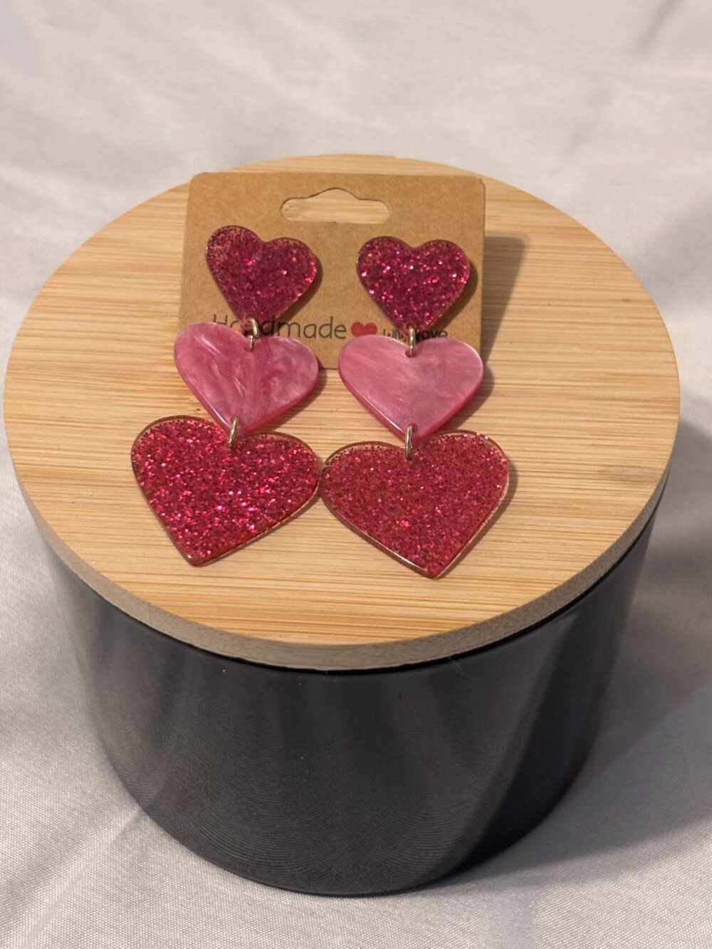 Pink Glitter Triple Heart Dangle Earrings – Handmade Style Statement Earrings